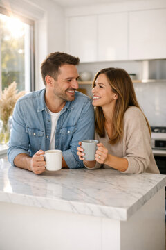 Happy couple enjoying coffee together in a cozy kitchen