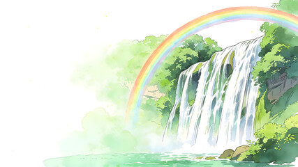 Obraz premium Waterfall with rainbow arching over lush green forest on white background