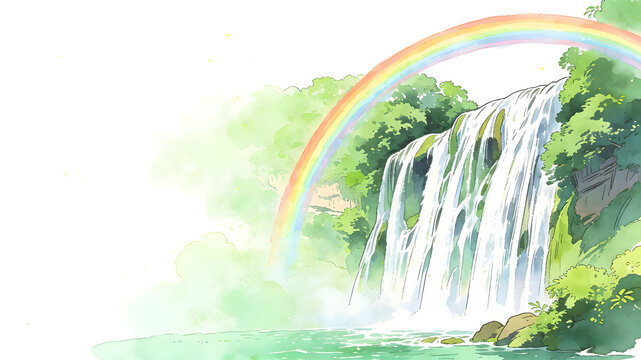 Waterfall with rainbow arching over lush green forest on white background
