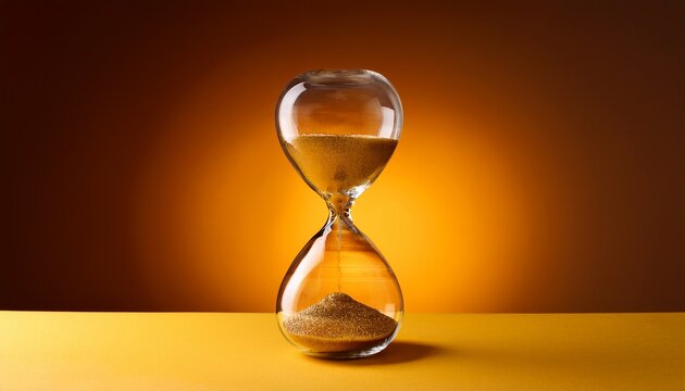 glass hourglass with golden sand flows measures moments and projects passage of time timer sits on yellow surface against warm gradient backdrop symbolizing patience and life cycles