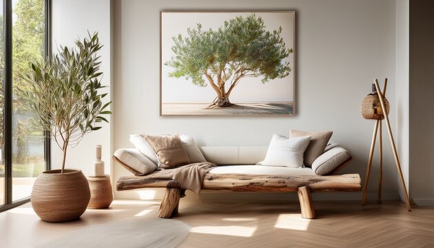 modern living room with olive tree bench artwork and bamboo lamp