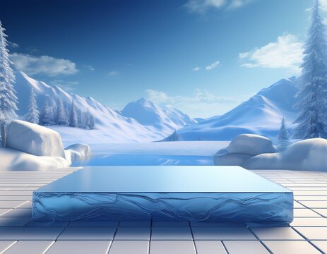 ice podium background snow winter product platform cold mountain 3d podium ice display background cosmetic sky floor blue scene landscape frozen white cool stand pedestal minimal rock glacier nature