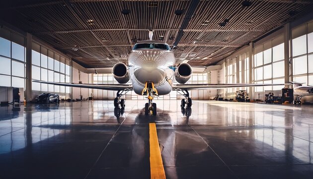 luxury private jet parked inside aircraft hangar sleek modern business plane with engines and wings ready for flight corporate aviation transportation