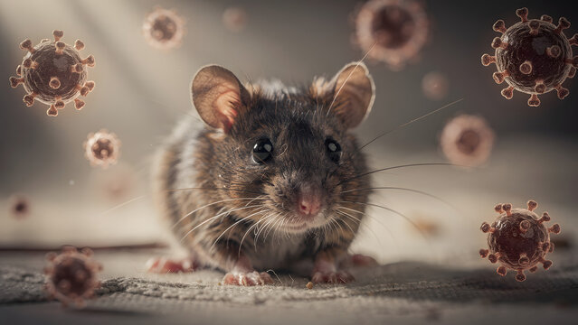 Field mouse surrounded by hantavirus particles