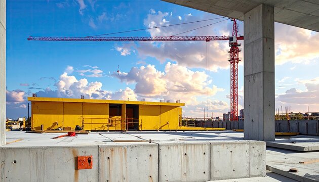 Tall red crane towers over a bright yellow modular building at a sunny construction site