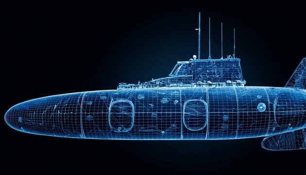 blue wireframe of us military submarine with intricate details shown nautical vessel design industrial blueprint style silent underwater craft ready for mission