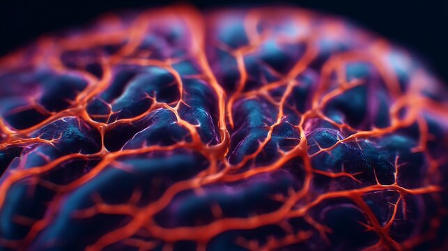 Close-up image of intricate neural or vascular networks glowing with red and blue hues on a dark background.
