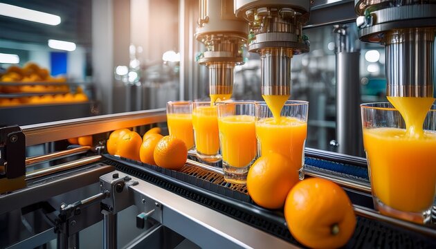 orange juice fills glasses on automated line fresh fruit processing in modern factory ripe citruses are squeezed by tech equipment natural beverage production