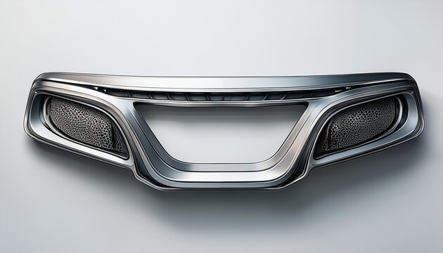 metallic car front bumper trim with three cutouts on white background