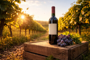 Obraz premium Decorative wine bottle with grapes in vineyard landscape at sunset