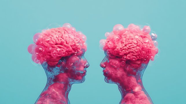 Two translucent human figures facing each other with exposed pink brains covered in bubbles against a blue background.