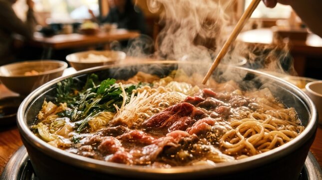 A person uses a chopstick to stir a steaming bowl of ramen.