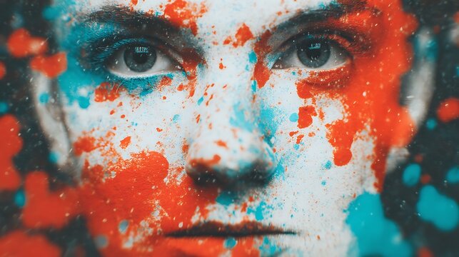Close-up portrait of a face covered in vibrant red and blue paint splatters, highlighting intense eyes and artistic expression.