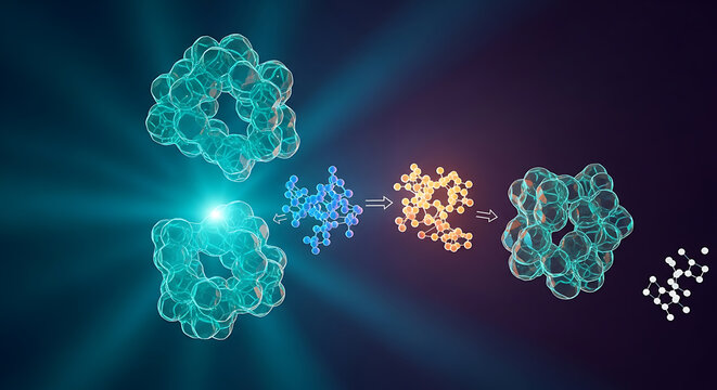 3D Molecular CGI of Glowing Enzyme Proteins Catalyzing Cell-Free Biosynthesis
