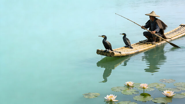 Fisherman with cormorants on bamboo raft amidst lotus flowers on calm water