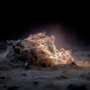 Glowing fiber abstract alien organism on dark sandy ground sci fi art