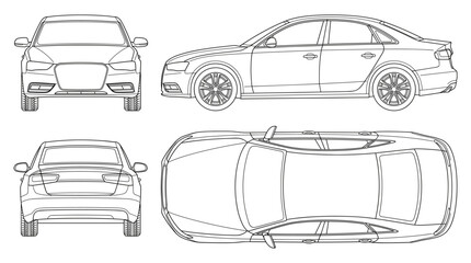 Obraz premium Sedan technical drawing blueprint with front side back and top views CAD line art vector illustration