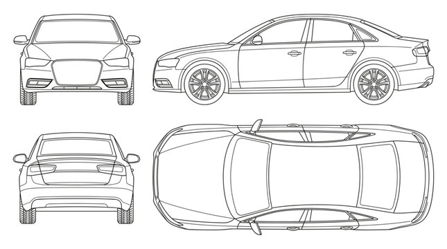 Sedan technical drawing blueprint with front side back and top views CAD line art vector illustration