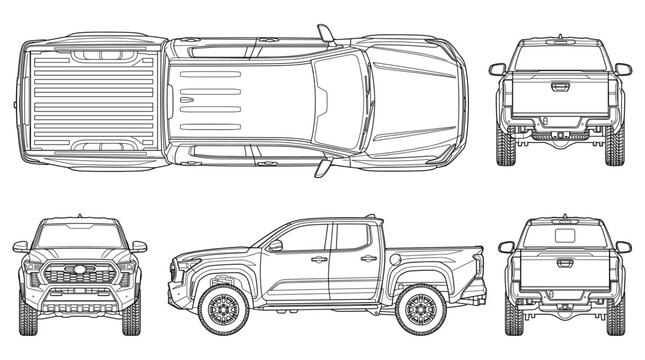 Pickup truck technical drawing blueprint with front side back and top views CAD line art vector illustration