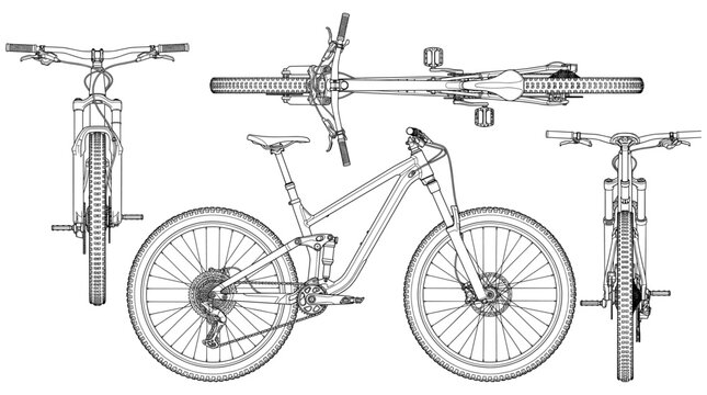 Mountain bike technical drawing blueprint with front side back and top views CAD line art vector illustration