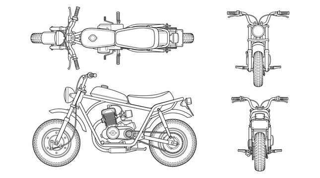 Mini bike technical drawing blueprint with front side back and top views CAD line art vector illustration