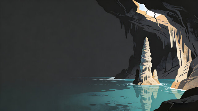 Underground cave with stalagmites and stalactites reflected in calm water