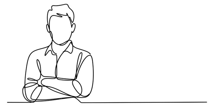 Continuous line drawing of a man with arms crossed isolated on white background, Vector