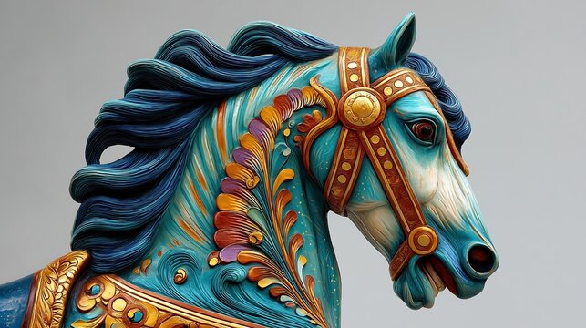 Carousel horse in blue and gold. Detailed wooden sculpture of fairground animal ride. Vintage ornate craftsmanship for carnival amusement park. Artistic fantasy creature for decoration.