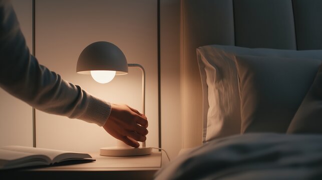 Woman hand turning on bedside lamp in bedroom at night. Close up of female hand switching on light for reading book. Concept of evening relaxation, home comfort and bedtime routine.