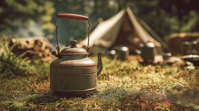 Metal tea kettle standing on grass at campsite. Old rustic teapot outdoors near tent. Camping equipment for boiling water on journey. Concept of adventure, nature travel and holiday.