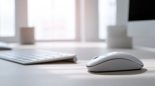 Computer mouse and keyboard on office desk. Modern workspace interior setup with white hardware. Professional business equipment for efficient digital work and creative computing task.