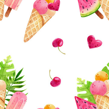 Ice cream in a waffle cone, a vibrant summer watercolor seamless pattern. Colorful, juicy dessert with a variety of flavors. Hand drawn illustration for design and decor, packaging, and fabric.