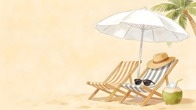 Beach scene with striped lounge chairs, white umbrella, coconut drink and palm tree on sandy background