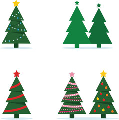 Obraz premium Set of flat Christmas tree icons with stars and ornaments isolated on white background for festive winter holiday design