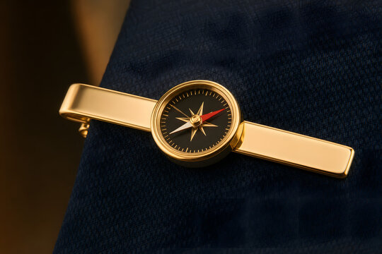 A tie clip shaped like a tiny working compass with spinning needle