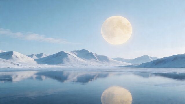 Snowy mountains and moonlit lake