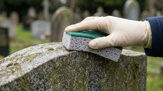 Hand using headstone cleaning sponge on gravestone in cemetery  