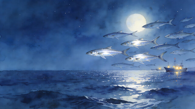 Silver fish swimming under full moon over ocean at night
