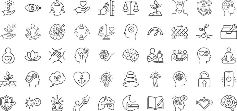 Mental health awareness and psychological stability line icon collection