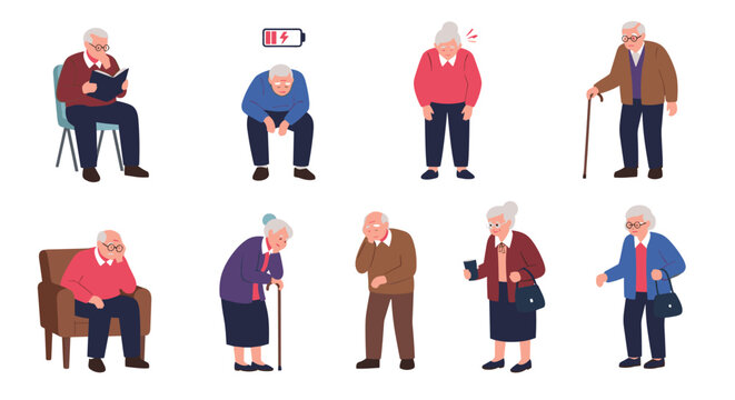 Collection of elderly people characters feeling tired exhausted and low on energy depicted with various postures and expressions.