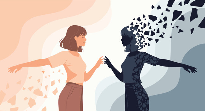 Creative conceptual illustration of a woman interacting with her dark crumbling shadow representing mental health or self discovery.