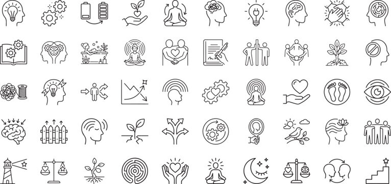 Mental health care symbols including meditation brain function and social connection