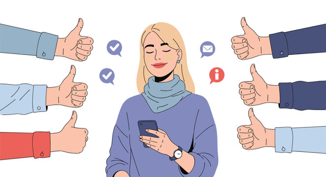 Happy young woman using her smartphone while receiving many thumbs up likes and positive notifications from various hands on a white background.