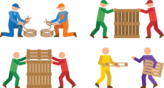Flat vector illustration depicting workers performing various manual labor tasks including handling ropes moving crates and stacking pallets ideal for logistics and supply chain concepts