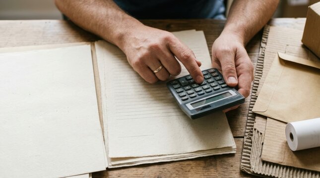 Hands using generic calculator over blank expense sheets