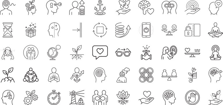 Collection of mental health line icons for psychology and emotional wellbeing