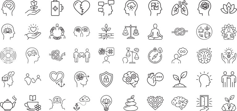 Psychology and emotional wellbeing icons for mental health support and therapy