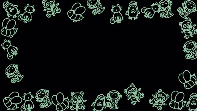 Green Hand Drawn Animal Icons Grid Frame 4K Transparent Loop