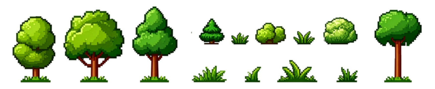 Banner Retro set Pixel art tree Icons set, bushes, grasses  and fir trees 8 bit video game nature asset Isolated vector design.
