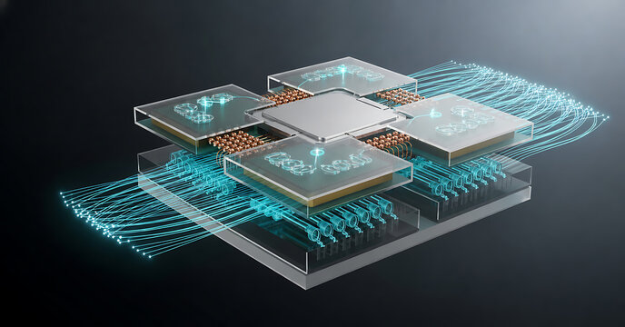 Switch chip package cross section revealing photonic chiplets and optical waveguides
